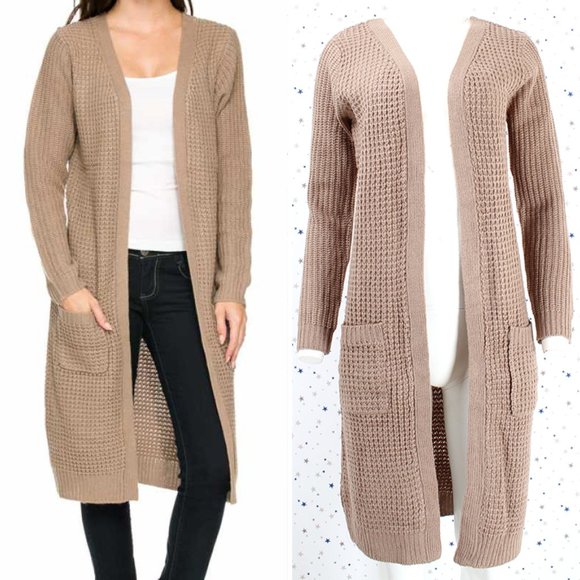 Waffle Knit Duster Long Sweater Cardigan Tan/Khaki - Picture 1 of 7
